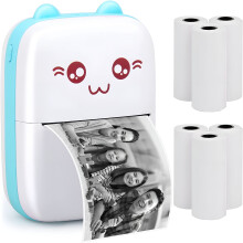 Portable Mini Photo Printer, with 6 Rolls Thermal Paper, Blue