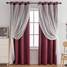 Home Curtains Blackout and Sheer Layered Solid Window Curtain Panel Pair with Grommet Top, 52Wx63L,Wine Red