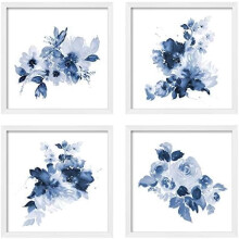 Blue Watercolor Floral Wall Art 10x10 in White Frame