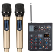 5-Channel Audio Mixer with UHF Wireless Microphone Studio Sound Mixer REC DJ Console Mixing for Karaoke