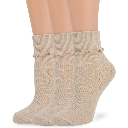 Damen-Rüschen-Knöchelsocken, einfarbig, mit Umschlagbündchen, 3 Paar 1