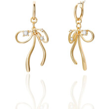 Gold Bow Stud Earrings with Tassels and Chain in 925