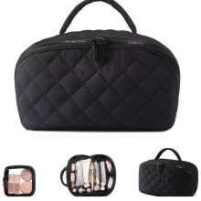 Draagbare toilettas met grote capaciteit - Waterbestendige make-up organizer met gewatteerde vakken voor op reis, zwart