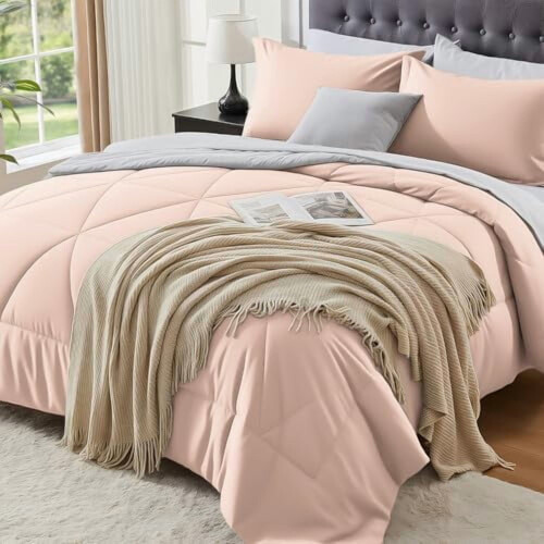 Queen Comforter Set Reversible Dusty Pink 7-Piece