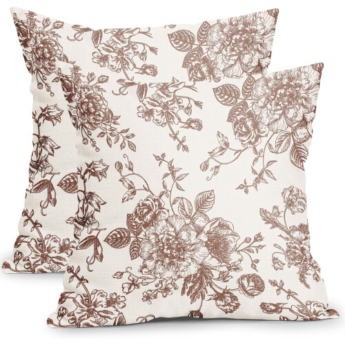 Conjunto de 2 capas de almofada florais azuis em algodão e linho, 45x45 cm (18x18 polegadas).