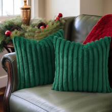 Housses de coussin de Noël en fausse fourrure peluche 45 x 45 cm, lot de 2, housses décoratives à rayures vertes pour canapé et salon –