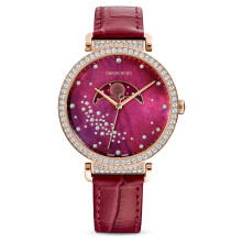 Swarovski Women's Passage Moon Phase Swiss Made Moon Watch with Leather Strap Red Rose Gold Finish 5613323, Strap.