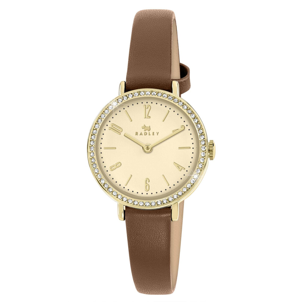 Radley Plated Stone Set Case Cognac Leather Strap Watch Ry21910a Gold