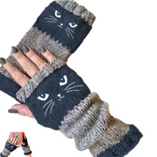 Guantes sin dedos con bordado de gato para mujer, diseño de gato tejido compatible con pantallas táctiles, calentadores de manos elásticos de