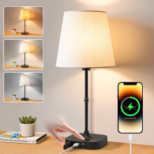 Lampe de table tactile sans fil, 3 températures de couleur, 5 niveaux d'intensité, port USB, rechargeable, abat-jour en tissu – Noir