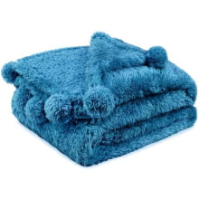 Taupe Sherpa Throw Blanket with Pom Poms 50x60 in