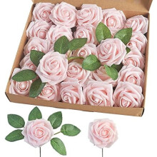 Artificial Rose Flowers with Wire Stem, Champagne Pink, 25