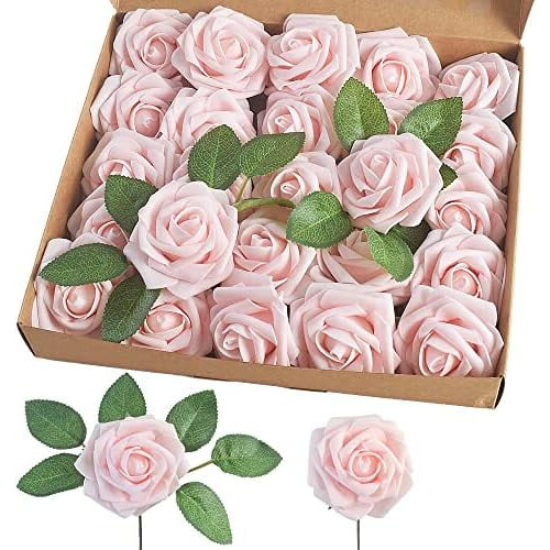 Artificial Rose Flowers with Wire Stem, Champagne Pink, 25