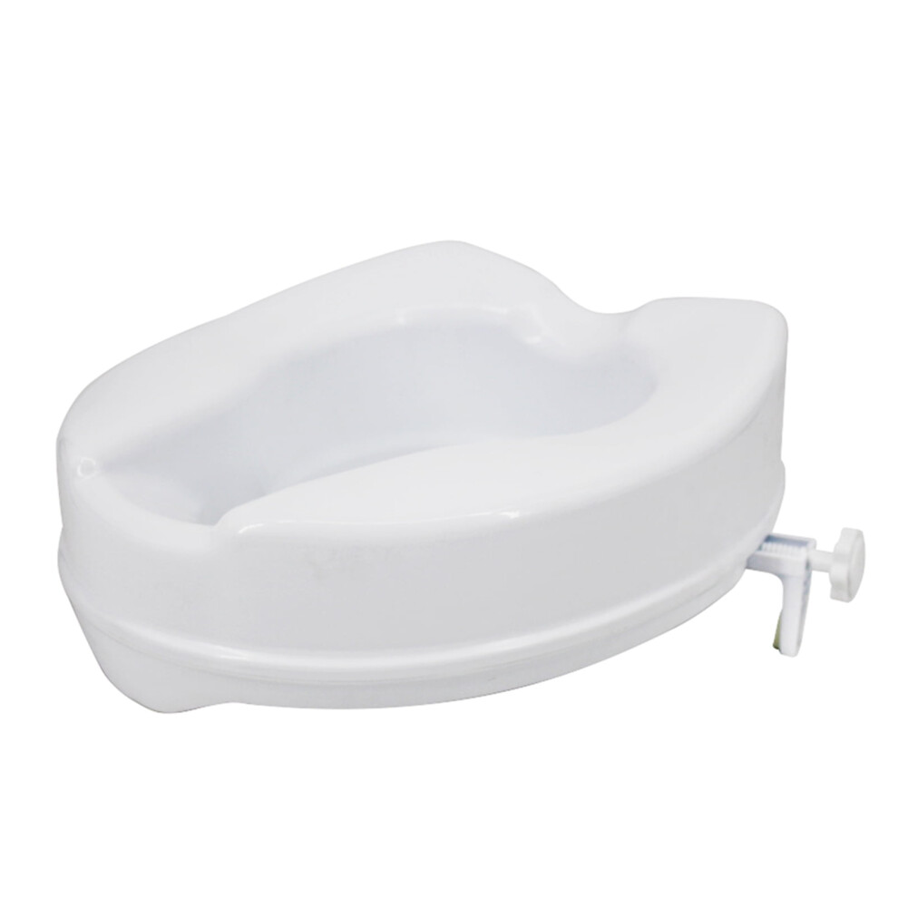 White Elevated Toilet Seat For Most Elongated Toilets, 300 Lbs Weight Capacity, Tightening Clamps,
