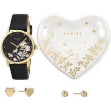 RADLEY Womens Gold Plated Black Leather Strap Watch, 18ct Gold Plated Heart Earring Pair & Heart Ceramic Trinket Tray Gift Set