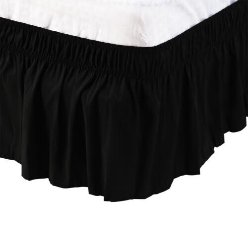 Sengeskørt med flæser og wrap-omslag (40 cm længde, sort) - queensize-seng