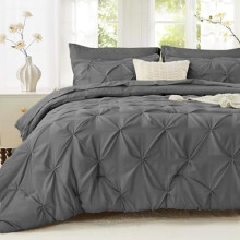 5-Piece Twin Comforter Set with Pintuck Design – Comforter, Flat & Fitted Sheets, Pillowcase, Pillow Sham – Dark Grey