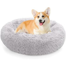 Calming Donut Dog Bed for Small to Medium Dogs & Cats - Plush Faux Fur Anti-Anxiety Pet Bed with Machine Washable Cover & Non-Slip Base