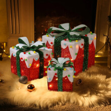Coffret cadeau lumineux de 3 pièces, décoration de Noël avec lumières, ornements d'intérieur pour sapin de Noël, boîte cadeau rouge décorée