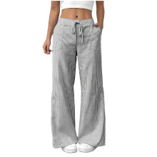 Calça de linho feminina lulshou, listrada, para primavera e outono, em mistura de linho e algodão, com cintura ajustável por cordão, corte reto,