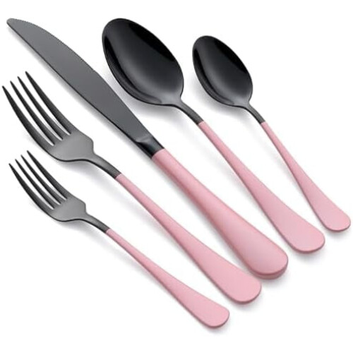20-Piece Stainless Steel Flatware Set with Pink Handles