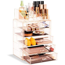 Ensemble de rangement de maquillage en acrylique à 6 tiroirs – Rose – Rangement pour coiffeuse et comptoir avec petits et grands compartiments,