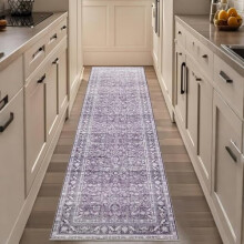 Tapis de couloir Vintage Purple 2x8, lavable, antidérapant, en fausse laine à poils courts, doux et vieilli, pour cuisine, couloir, entrée –