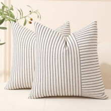 Housses de coussin patchwork noir et beige style ferme, 50 x 50 cm, lot de 2, housses décoratives en lin rayé pour canapé/fauteuil/chambre