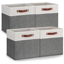 Cubes de rangement en tissu 13 x 13 po (paquet de 4) avec poignées en cuir – Bacs pliables et décoratifs pour l'organisation des placards et des