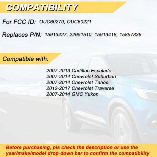Télécommande de remplacement pour Chevy Suburban/Tahoe 2007-2014, GMC Yukon, Traverse 2012-2017, Escalade 2007-2013 — Compatible avec 1