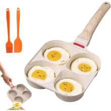 Poêle à œufs antiadhésive 4 trous avec manche en bois, revêtement en pierre médicale, pour œufs, crêpes et pancakes, compatible gaz et
