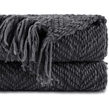 Dark Grey Knit Throw Blanket 60x80 Inch, Soft Charcoal Sofa Blanket with Tassels – Compatible with Couch, Chair, Bed