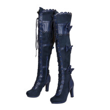 Wysokie buty dla młodych pań, muszka, gruby obcas, sznurowane, punk, zamek błyskawiczny z boku, za kolano, US: 4.5(35)