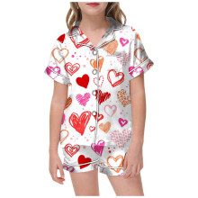 Ediodpoh Kids Pajama Set for Girls, Valentine's Day Print, Short Sleeve Button Top & Shorts with Pockets, Red, 12-13 Years