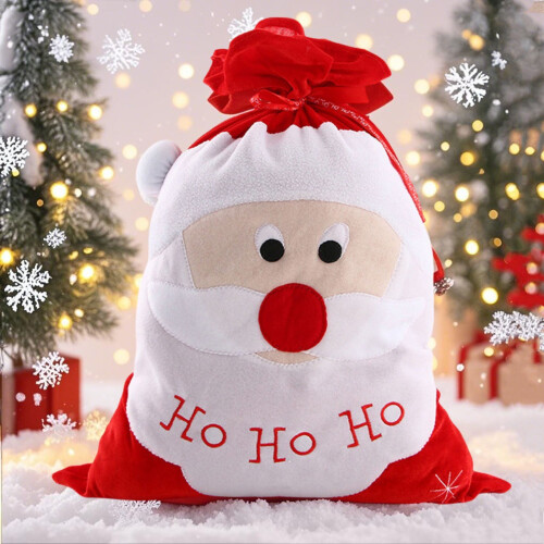 Samt-Geschenktasche mit Kordelzug und 3D-gesticktem Weihnachtsmann