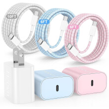 20W USB-C snellader met 3 gevlochten kabels van 1,8 m, 1,8 m en 3 m.