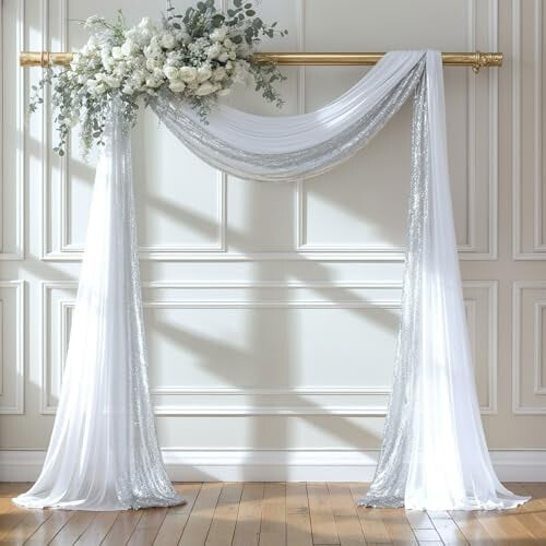 Wedding arch draping fabric white silver sequin 28x19ft +