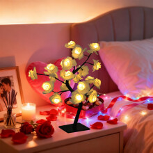 Luminária de LED em formato de árvore de rosas com 24 lâmpadas brancas quentes, alimentada por USB, luz noturna romântica para decoração de