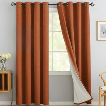 Burnt Orange Linen Curtains, 100% Blackout, 84", Thermal Grommet, Room Darkening, 2 Panels with White Liner