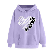 Moletom feminino com capuz e estampa de coração, gola redonda e manga comprida, roxo, tamanho P