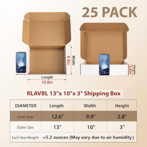 Caixas de envio de papelão ondulado branco, 33 x 25 x 8 cm (13 x 10 x 3 polegadas), conjunto de 25 unidades