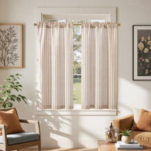 Perdele de bucătărie cu dungi din in, 114 cm lungime, stil rustic modern, tip cafenea, filtrare lumină, buzunar pentru tijă, 2 panouri, culoare
