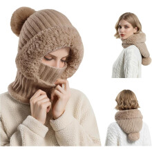 Gorro 3 em 1 com cachecol e máscara para mulheres, conjunto de tricô de inverno com forro de lã, gorro de esqui à prova de vento compatível com