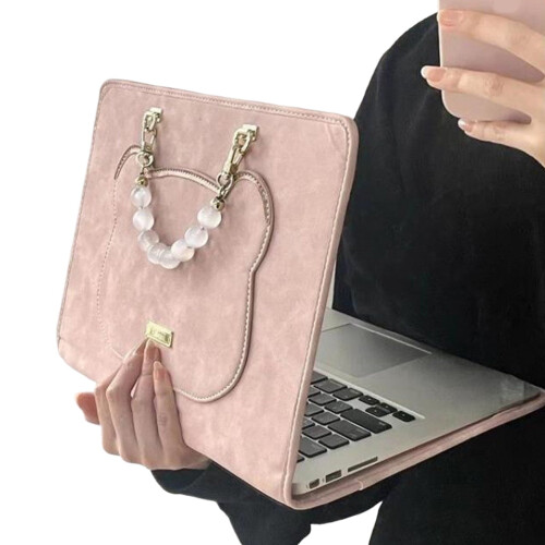 Capa protetora rosa para laptop compatível com MacBook de 15,6 polegadas, capa tipo pasta em couro PU com estampa de ursinho fofo e alça.