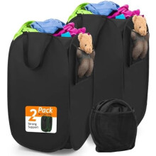 Cesto de roupa suja dobrável de 70 litros com estrutura de aço e bolsos laterais.