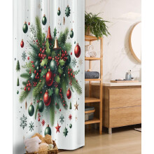 Rideau de douche de Noël – Motifs botaniques de pin, flocons de neige et étoiles, 91 x 183 cm, vert chasseur/vermillon, avec crochets