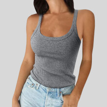 YOUSNH Damen-Tanktop aus gerippter Baumwolle mit Spaghettiträgern, Rundhalsausschnitt, schmal geschnitten – Grau L, zum Kombinieren geeignet