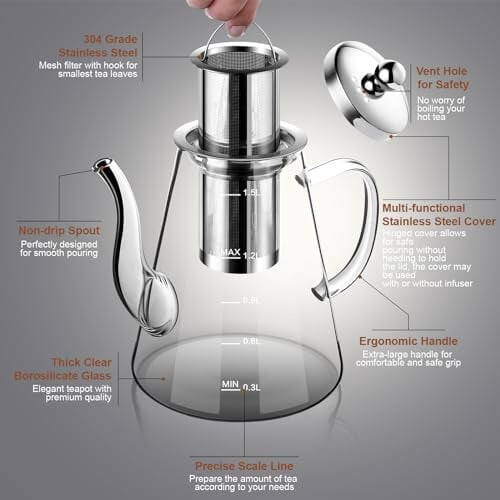 Bule de vidro borossilicato com infusor, 1,5L 1