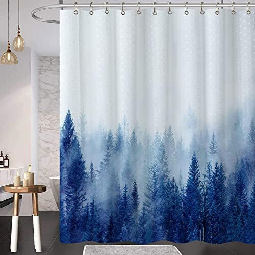 Cortina de chuveiro Floresta Nebulosa Azul com Ganchos 70x72 polegadas 2