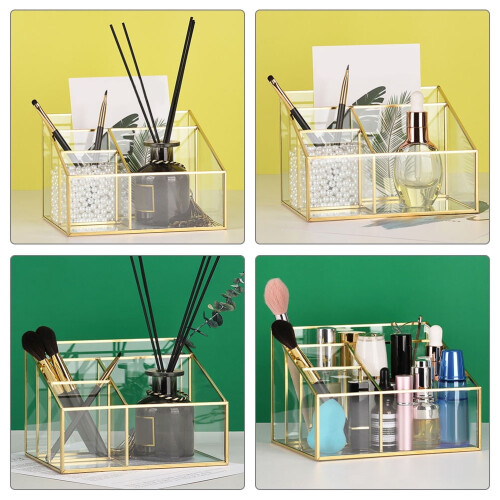 Transparenter Make-up-Organizer aus Glas mit Goldrand 1